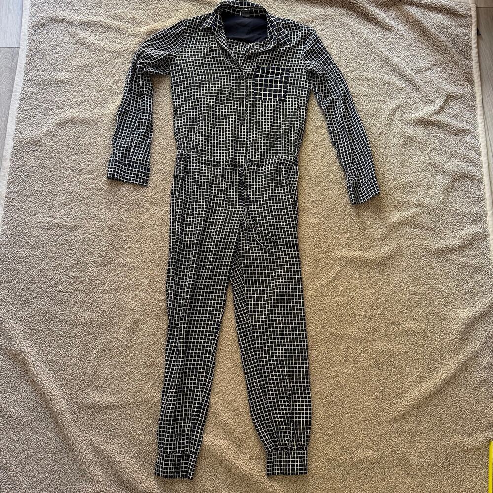 Theory Daranda Cross Grid Jumpsuit Navy White Windowpane Silk Sz 0